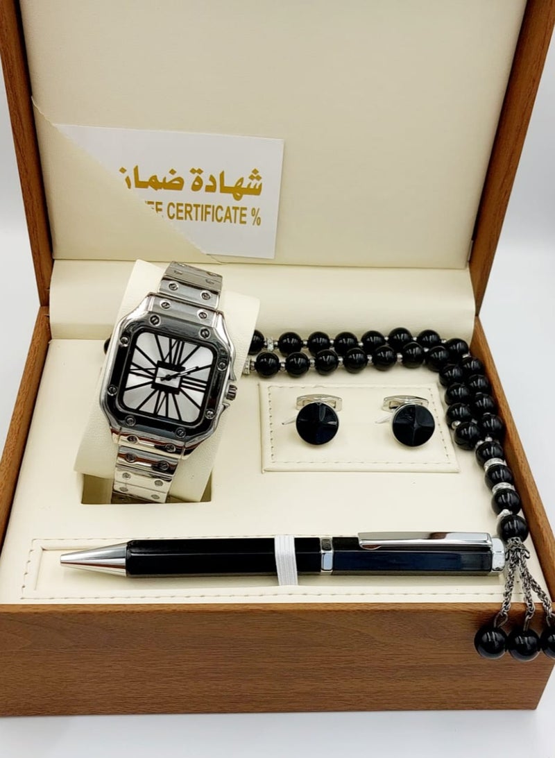 مونتيرا طقم رجالي مكون من ٤ قطع ساعة وقلم وكبك وسبحه