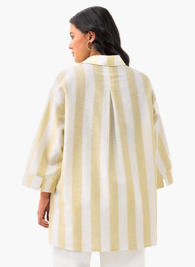 Ulla Popken Plus Size Ulla Popken Striped Linen Top with Collar and Long Sleeves - Image 3