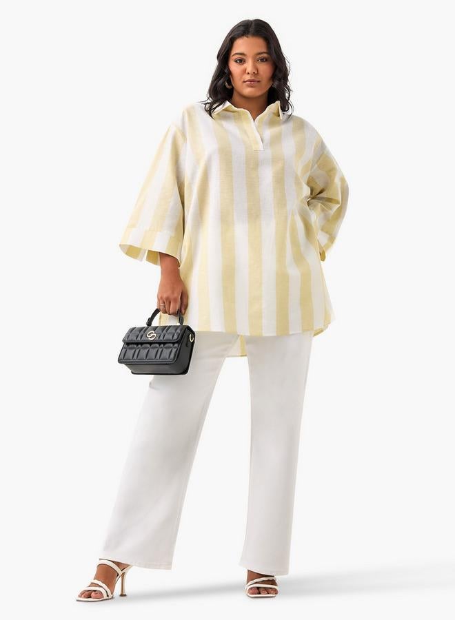 Ulla Popken Plus Size Ulla Popken Striped Linen Top with Collar and Long Sleeves - Image 2