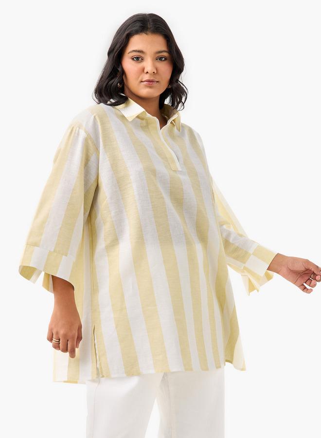 Ulla Popken Plus Size Ulla Popken Striped Linen Top with Collar and Long Sleeves - Image 1