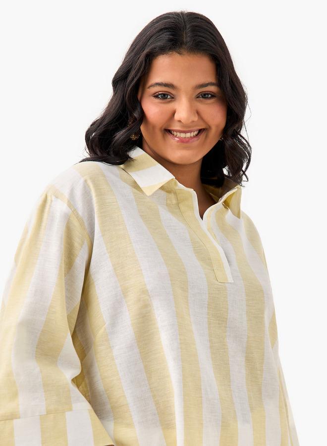Ulla Popken Plus Size Ulla Popken Striped Linen Top with Collar and Long Sleeves - Image 4