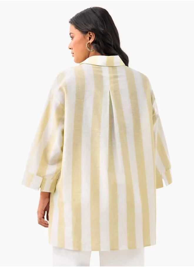  أولا بوبكن Plus Size Ulla Popken Striped Linen Top with Collar and Long Sleeves