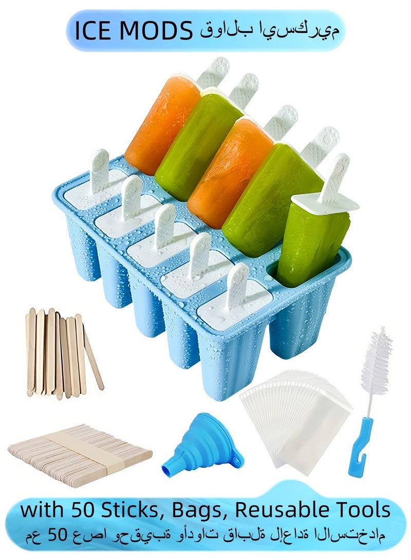 Popsicle Mold Ice Cream Mold Kit - 10-Cavity BPA-Free Silicone with 50 Sticks, Bags, Reusable Tools & Funnel for Homemade Treats  - Image 1