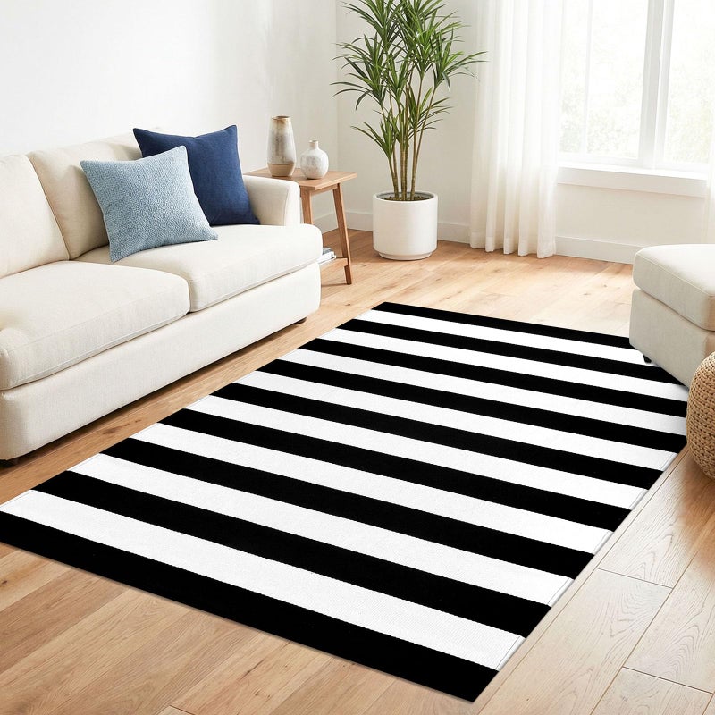 KILOCOCO Black White Striped Rug - 4'X6' Front Door Mat Outdoor, Welcome Mats Rugs Cotton Washable Front Porch Rug Layered Doormats for Kitchen Farmhouse Entryway - Image 3