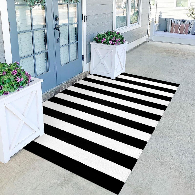 KILOCOCO Black White Striped Rug - 4'X6' Front Door Mat Outdoor, Welcome Mats Rugs Cotton Washable Front Porch Rug Layered Doormats for Kitchen Farmhouse Entryway - Image 1
