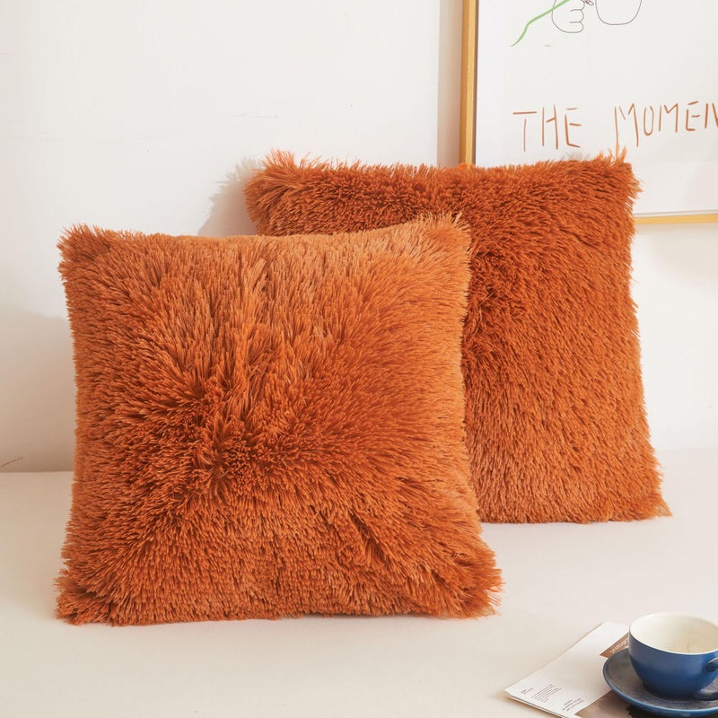 XeGe Faux Fur Throw Pillow Covers  Luxury Fluffy Plush Pillow Cases  Shaggy Decorative Pillow Shams Cushion Cover for Sofa Bed Couch Zipper Closure  Pack of 2 (18''x18''  Burnt Orange) - Image 1