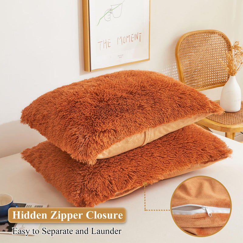 XeGe Faux Fur Throw Pillow Covers  Luxury Fluffy Plush Pillow Cases  Shaggy Decorative Pillow Shams Cushion Cover for Sofa Bed Couch Zipper Closure  Pack of 2 (18''x18''  Burnt Orange) - Image 3