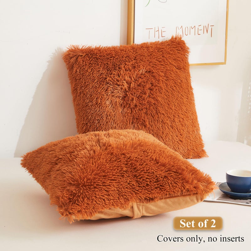 XeGe Faux Fur Throw Pillow Covers  Luxury Fluffy Plush Pillow Cases  Shaggy Decorative Pillow Shams Cushion Cover for Sofa Bed Couch Zipper Closure  Pack of 2 (18''x18''  Burnt Orange) - Image 2