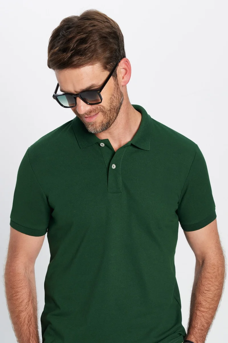 Tudors Men's Slim Fit Narrow Cut Cotton Soft Textured Cool Keeping Fabric Plain Pique Khaki Polo Collar T-Shirt