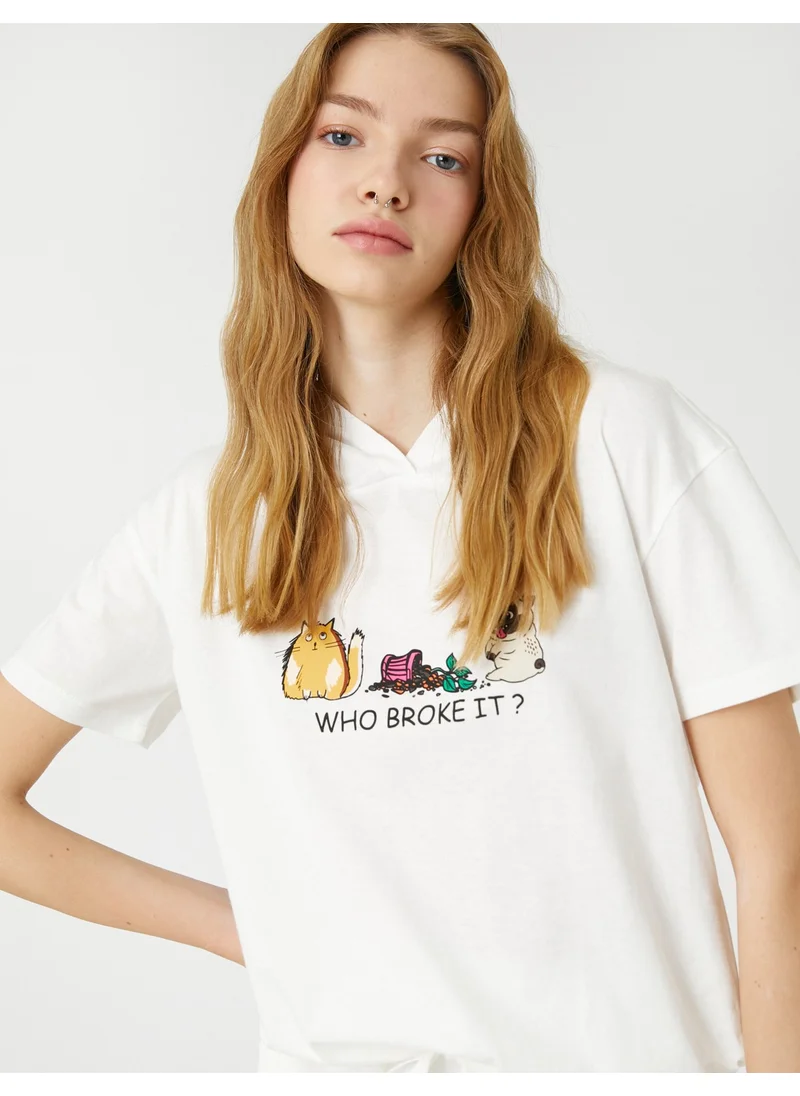 KOTON Koton Cotton T-Shirt Short Sleeve Hooded Printed