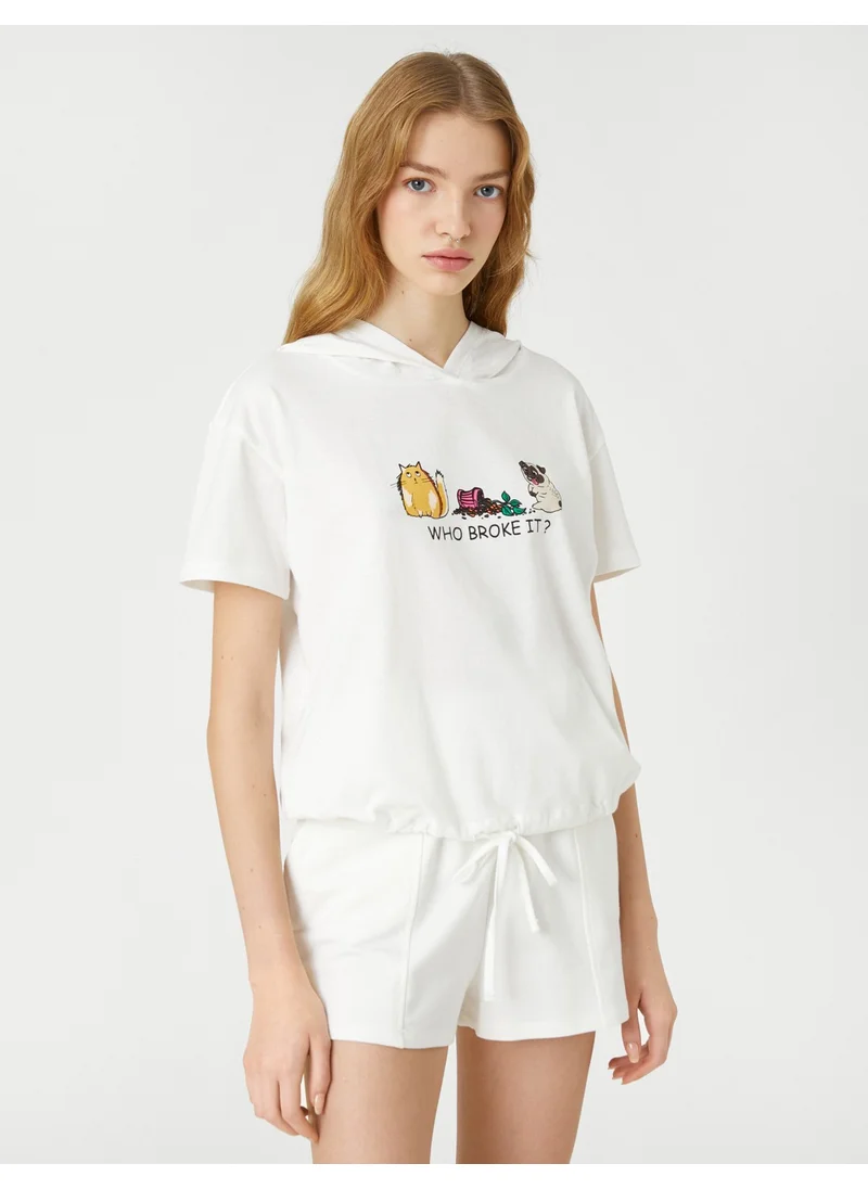 KOTON Koton Cotton T-Shirt Short Sleeve Hooded Printed