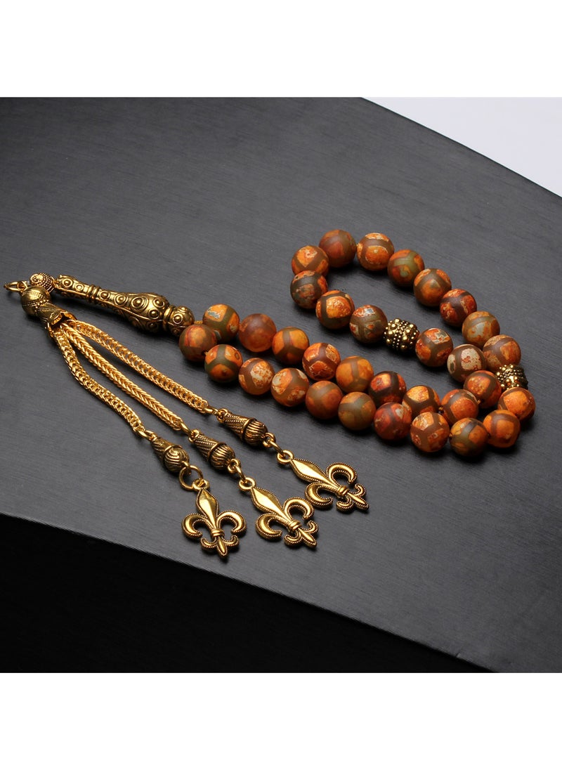 OLUDENIZ Luxury Natural Bamboo Agate Islamic Prayer Beads with Gold-Plated Tassel  - Image 1
