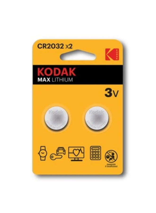 Kodak Max Lithium CR2032 Coin Cell Battery With 3V Voltage- 2pcs