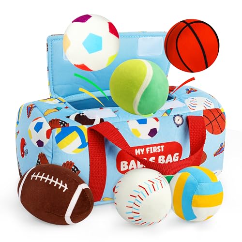 Vanmor Sensory Sports Balls for Babies 612M 6 Pack Machine Washable Plush Ball Set with Crinkle Rattles Squeaky Sounds Toddler Learning Toys with Travel Bag Baby Shower Birthday for Newborn - Image 1