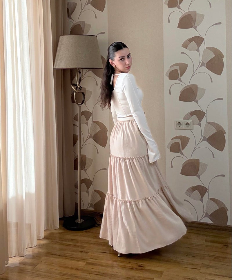 Arolina Long Skirts for Women Summer High Waist Elastic Flowy Maxi Skirts Vintage Drawstring Medieval Skirts Beige L - Image 4