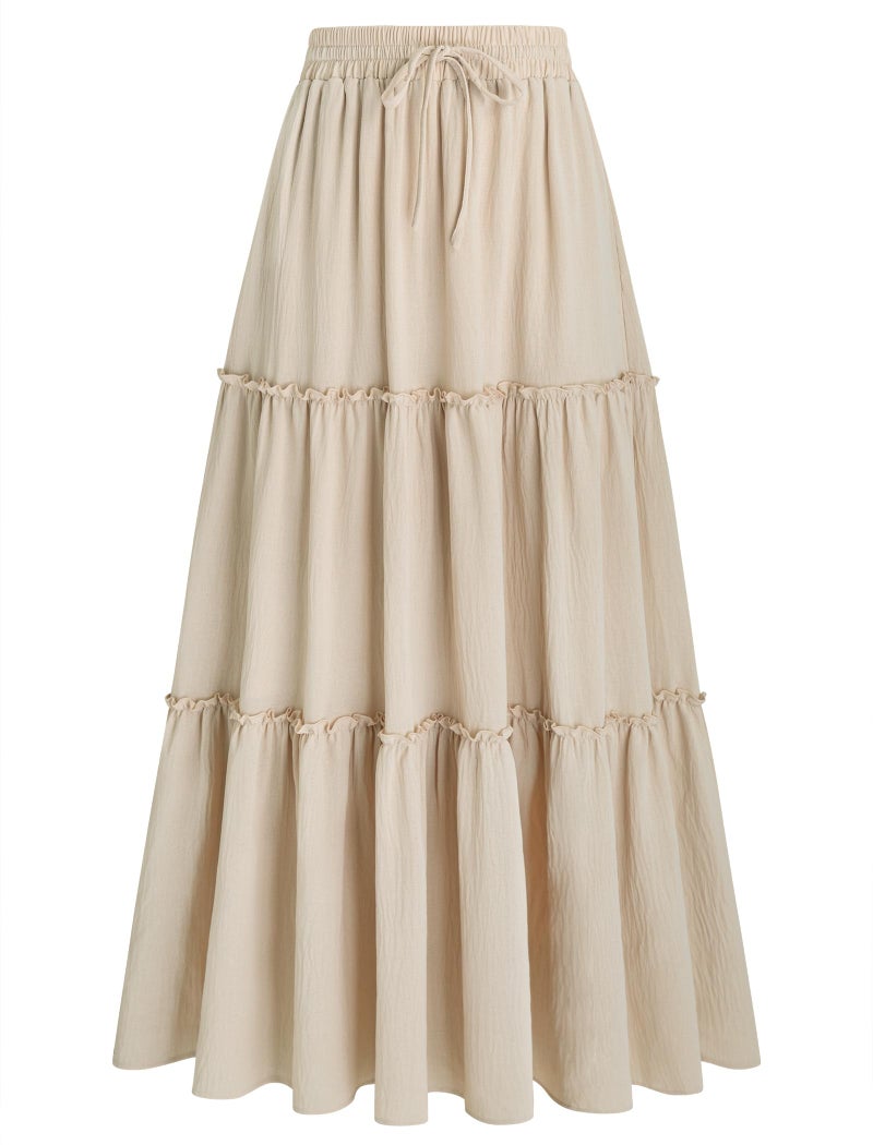 Arolina Long Skirts for Women Summer High Waist Elastic Flowy Maxi Skirts Vintage Drawstring Medieval Skirts Beige L - Image 1