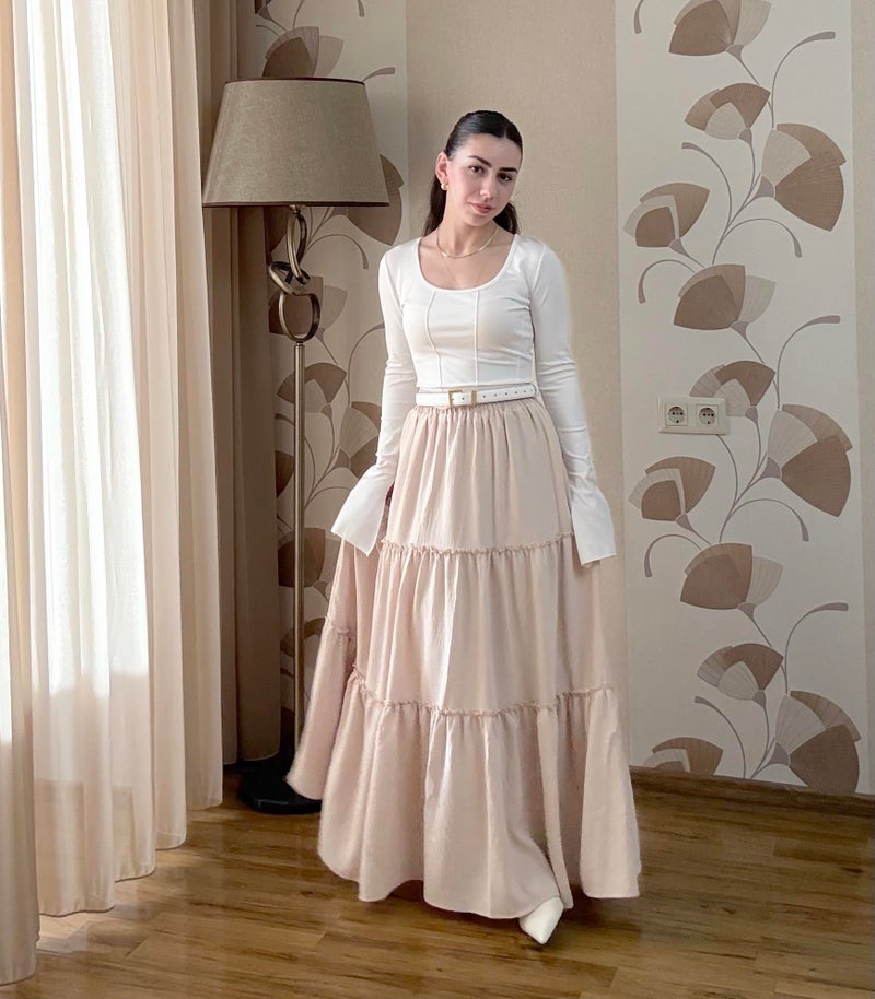 Arolina Long Skirts for Women Summer High Waist Elastic Flowy Maxi Skirts Vintage Drawstring Medieval Skirts Beige L - Image 3