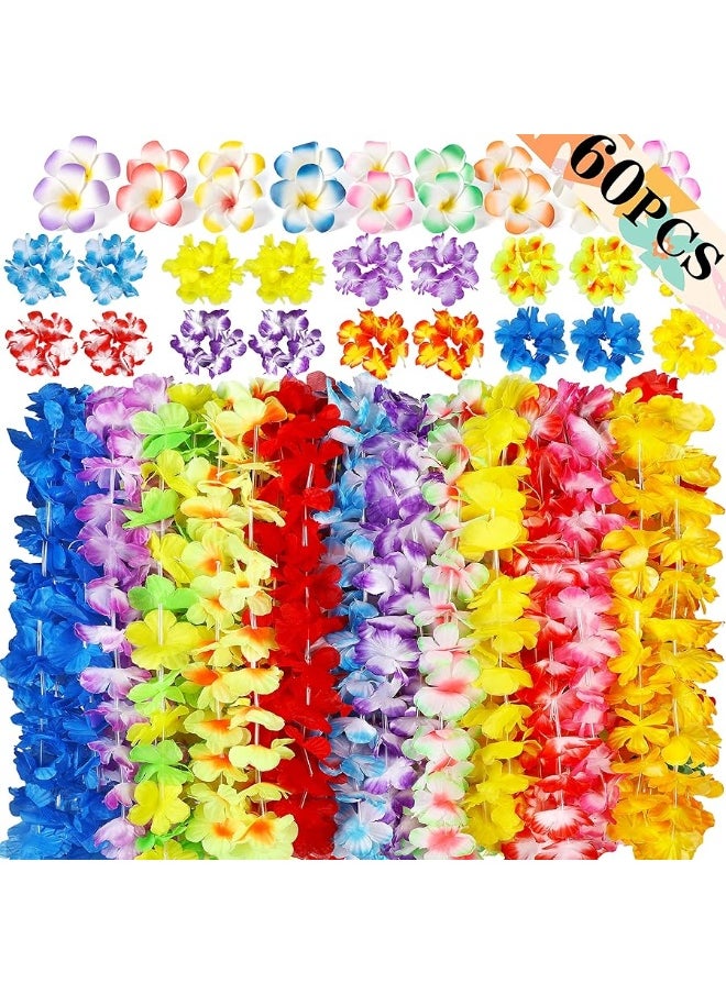Moon Boat - Moon Boat 60PCS Hawaiian Luau Leis Party Decorations Supplies Set - Tropical Tiki Flowers Necklaces + Bracelets + Hair Clips Bulk Summer Pool Birthday Decor Favors - Image 1