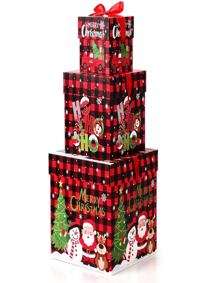 Trandraft 3 Pcs Christmas Nesting Gift Boxes Buffalo Plaid Xmas Stackable Boxes Black Red Decorative Xmas Nested Present Boxes with Lids and Ribbon for New Year Birthday Party Gift(Santa) - Image 1