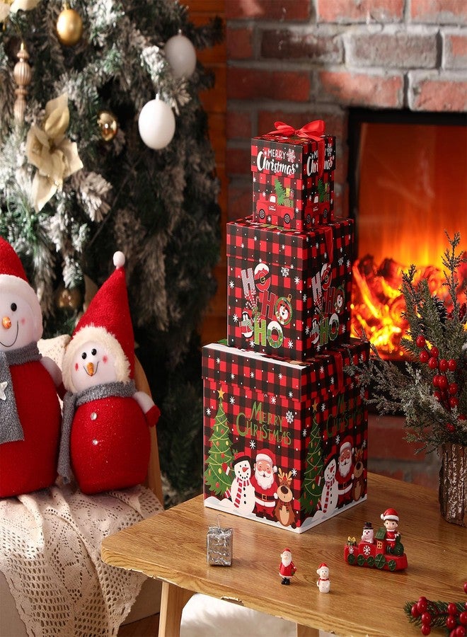 Trandraft 3 Pcs Christmas Nesting Gift Boxes Buffalo Plaid Xmas Stackable Boxes Black Red Decorative Xmas Nested Present Boxes with Lids and Ribbon for New Year Birthday Party Gift(Santa) - Image 3