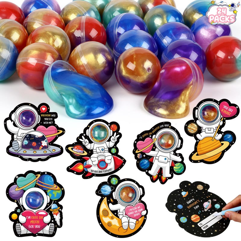 Seenelling 24 Pack Kids Valentines Day Gifts for Galaxy Clay Putty Ball Kits with Greeting Cards Spacethemed Party Favors for Boy Girl Gift Exchange Classroom RewardsStylish Color - Image 3