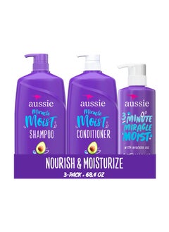 Aussie Aussie Miracle Moist Shampoo and Conditioner with 3 Minute Miracle Deep Conditioner, Avocado & Jojoba Oil, Paraben-Free, Moisturizes & Detangles, All Hair Types, Citrus Floral Scent, 3 Pack 68.4 Fl Oz  - Image 1