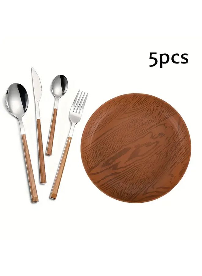 5Pcs Realistic Wood Grain Plastic Dinnerware Set With Knife Spoon Fork Teaspoon Plate - Image 1