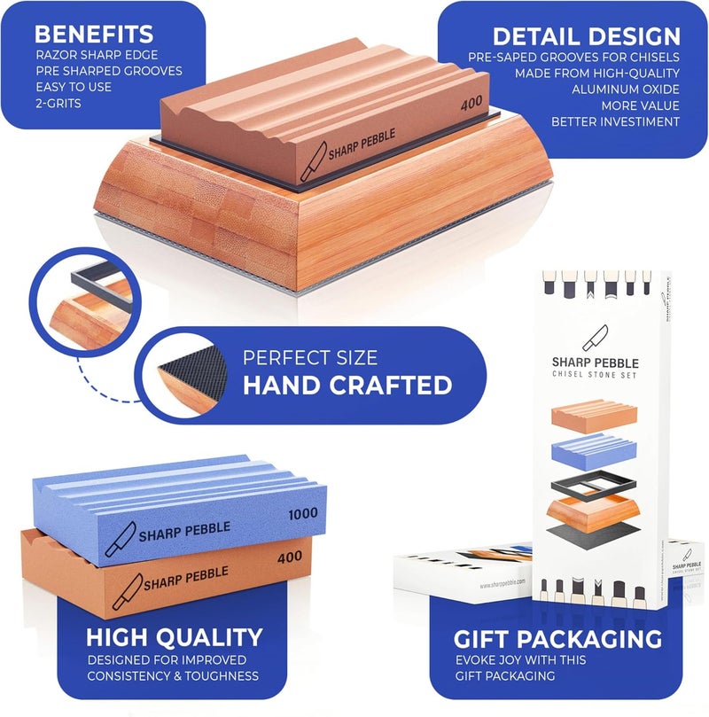 Sharp Pebble Sharpening Stones for Wood Carving Tools-Two Whetstones Grit 400 & 1000 Gouge Sharpener- Waterstone Sharpening System for Wood Carving Knives & Chisels with Non-Slip Bamboo Base - Image 2