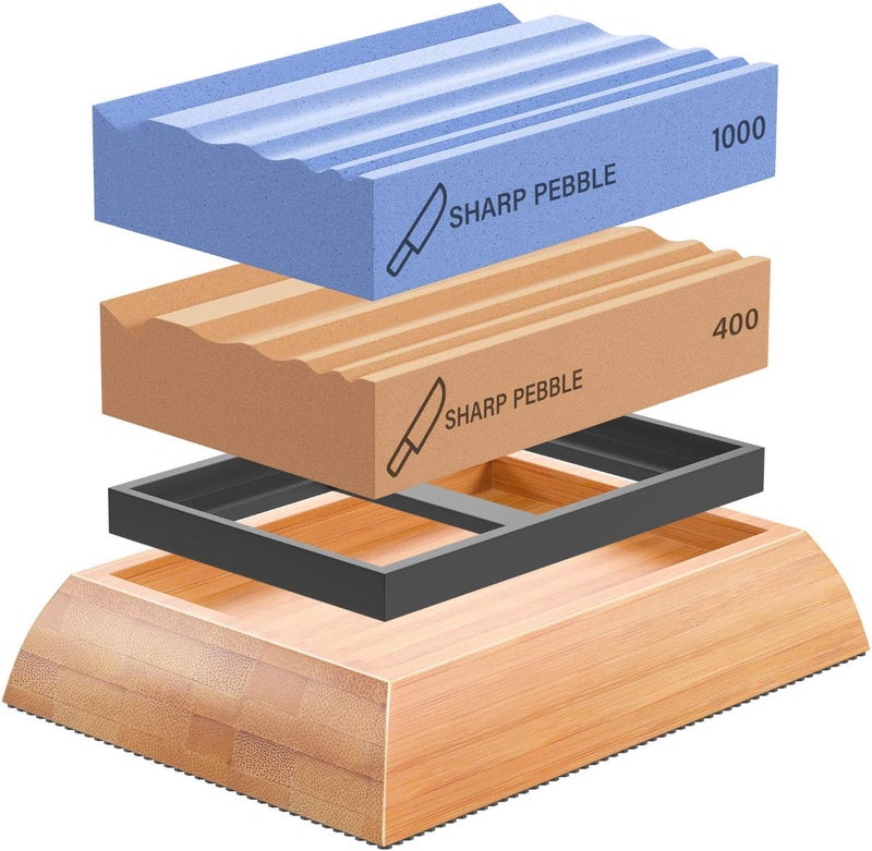 Sharp Pebble Sharpening Stones for Wood Carving Tools-Two Whetstones Grit 400 & 1000 Gouge Sharpener- Waterstone Sharpening System for Wood Carving Knives & Chisels with Non-Slip Bamboo Base - Image 1