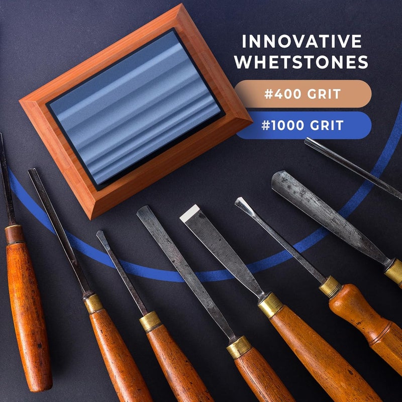 Sharp Pebble Sharpening Stones for Wood Carving Tools-Two Whetstones Grit 400 & 1000 Gouge Sharpener- Waterstone Sharpening System for Wood Carving Knives & Chisels with Non-Slip Bamboo Base - Image 4