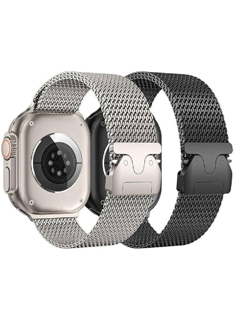 Generic - 2-Pack Adjustable Metal Strap for Apple Watch Ultra & Ultra 2 - Milanese Loop Stainless Steel Mesh Bands for 49mm, 46mm, 45mm, 44mm (Black/Titanium color) - Image 1