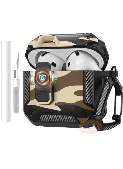 Airpods 4 Case, Airpods 4th Generation Case with Lock, Airpods 4 Generation Case Cover with Cleaner Kit, Hard Shell Rugged Shockproof Cover with Keychain Apple Airpods 4 2024 (Camo Brown)