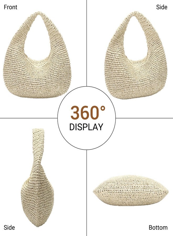 Herald Handmade Crescent Straw Bag for Women, Summer Beach Hobo Raffia Woven Underarm Shoulder Handbag Purse Tote, Beige - Image 4