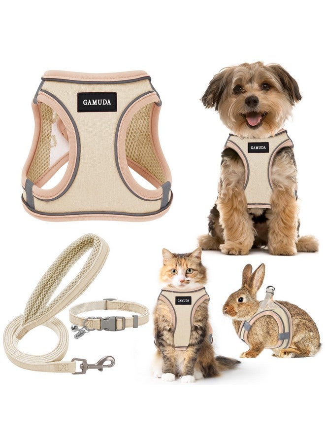 GAMUDA Small Pet Harness Collar and Leash Set, Step in No Chock No Pull Linen Fabric Soft Mesh Dog Vest Harnesses Reflective for Dogs Puppy Cats Kitten Rabbit (Khaki, M) - Image 1