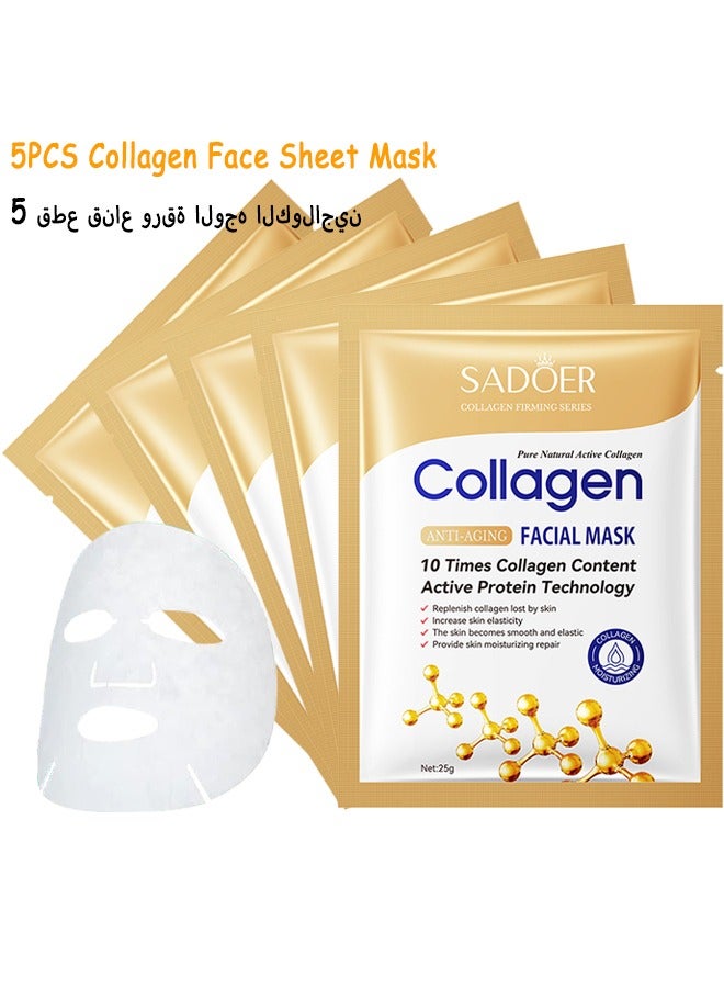 SADOER 5PCS Korean Collagen Face Sheet Mask Skincare, Anti Aging, Wrinkle Hydrating, Firming Anti Aging Face Sheet Masks For Men And Women, Brightening Facial Mask For All Skin Types - Image 1