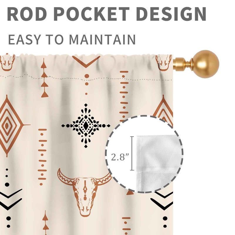 TKUYO Western Curtains, Rustic Retro Aztec Bull Skull Southwest Tribal Ethnic Farmhouse Rural County Cowboy Boho Beige Western Window Drape Treatments for Bedroom Living Room Kitchen, 42"x45" Inch - Image 4