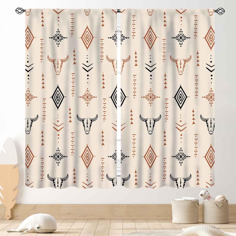TKUYO Western Curtains, Rustic Retro Aztec Bull Skull Southwest Tribal Ethnic Farmhouse Rural County Cowboy Boho Beige Western Window Drape Treatments for Bedroom Living Room Kitchen, 42"x45" Inch - Image 1