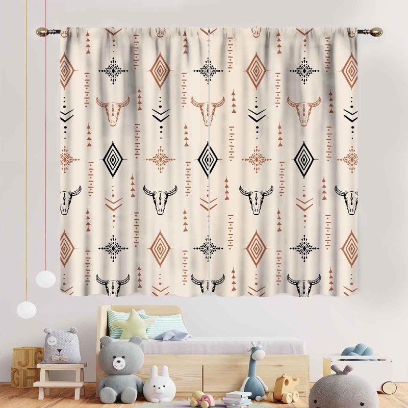 TKUYO Western Curtains, Rustic Retro Aztec Bull Skull Southwest Tribal Ethnic Farmhouse Rural County Cowboy Boho Beige Western Window Drape Treatments for Bedroom Living Room Kitchen, 42"x45" Inch - Image 3