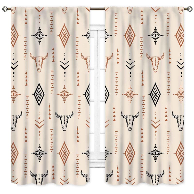 TKUYO Western Curtains, Rustic Retro Aztec Bull Skull Southwest Tribal Ethnic Farmhouse Rural County Cowboy Boho Beige Western Window Drape Treatments for Bedroom Living Room Kitchen, 42"x45" Inch - Image 2
