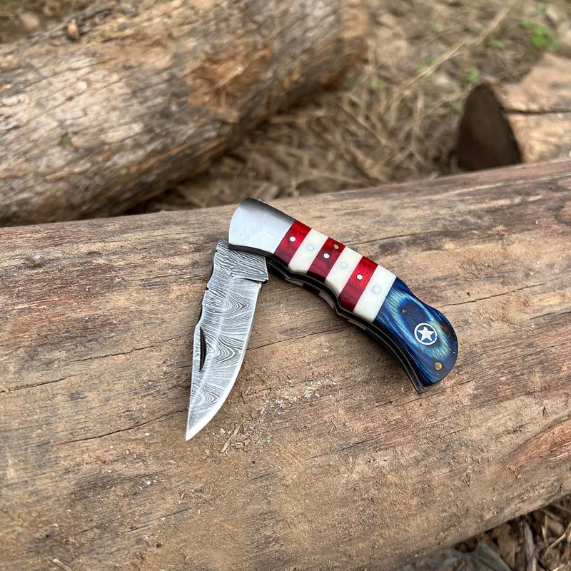 W Trading Handmade Damascus Folding Pocket Knife for Men | EDC Gift Tool with Back Lock, Red–Blue Pakka Wood & Bone Handle, Includes Leather Sheath - Image 1