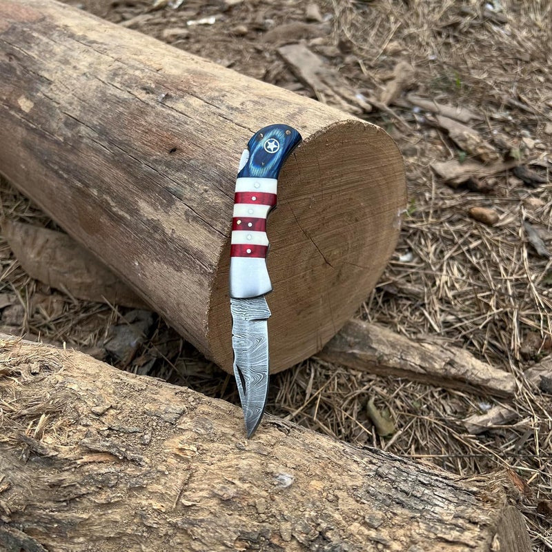 W Trading Handmade Damascus Folding Pocket Knife for Men | EDC Gift Tool with Back Lock, Red–Blue Pakka Wood & Bone Handle, Includes Leather Sheath - Image 5
