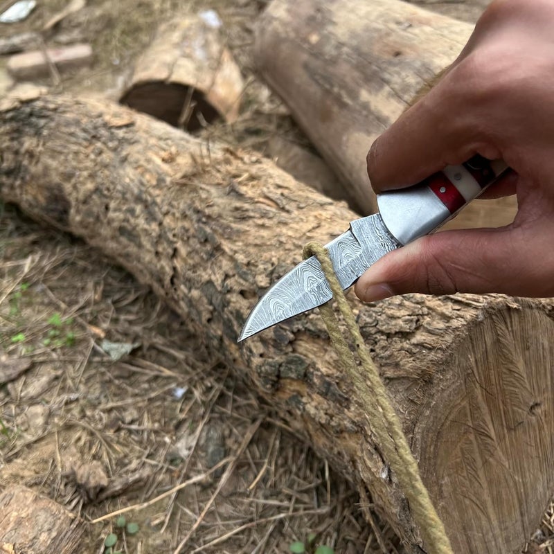 W Trading Handmade Damascus Folding Pocket Knife for Men | EDC Gift Tool with Back Lock, Red–Blue Pakka Wood & Bone Handle, Includes Leather Sheath - Image 4