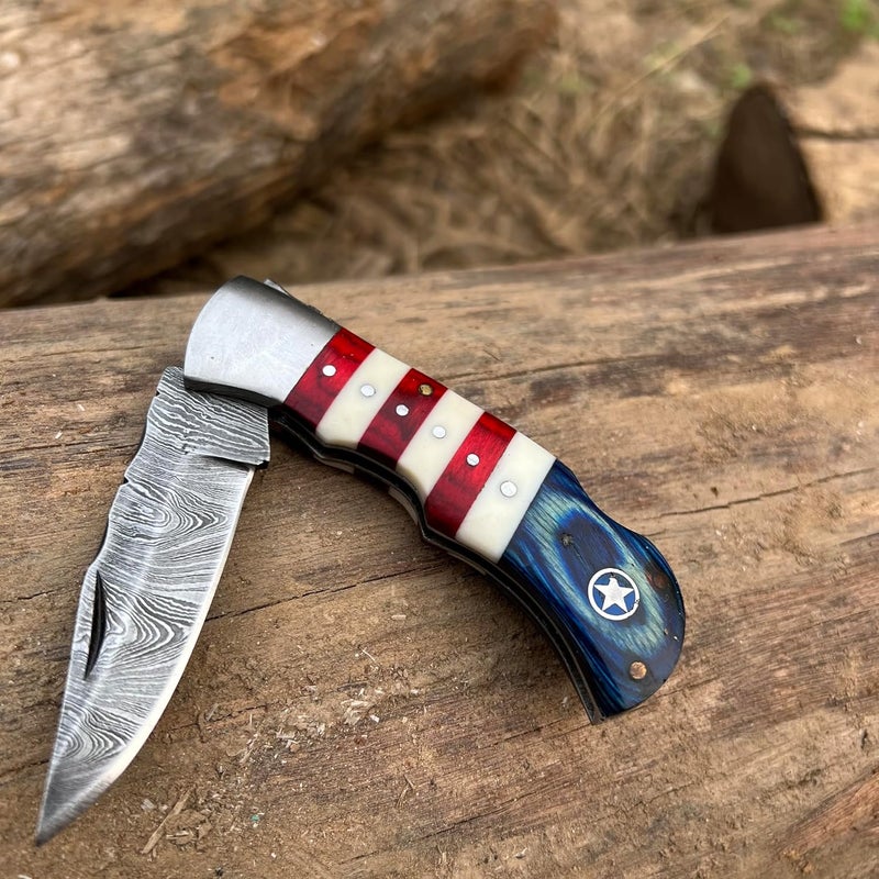 W Trading Handmade Damascus Folding Pocket Knife for Men | EDC Gift Tool with Back Lock, Red–Blue Pakka Wood & Bone Handle, Includes Leather Sheath - Image 3