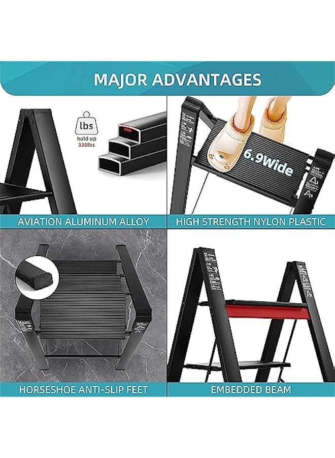 MIXDE tep Ladder 3 Steps Full Steel Folding Step Stool Sturdy Small Step Stool for Adults Closet Step Stool Ladder with Anti-Slip Wide Pedals Multi-use Kitchen Ladder for Home Bearing capacity 150kg - Image 3