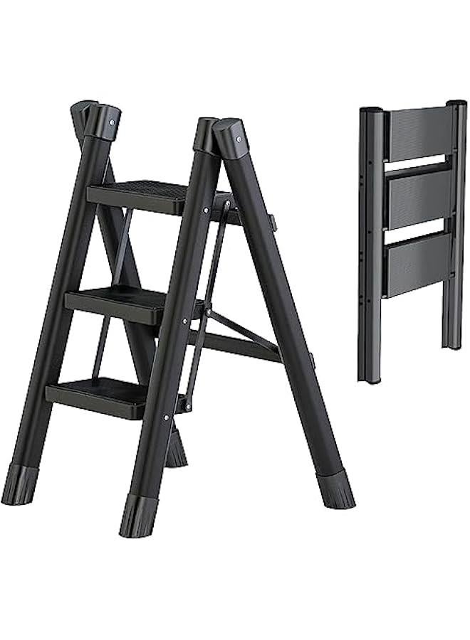 MIXDE tep Ladder 3 Steps Full Steel Folding Step Stool Sturdy Small Step Stool for Adults Closet Step Stool Ladder with Anti-Slip Wide Pedals Multi-use Kitchen Ladder for Home Bearing capacity 150kg - Image 1