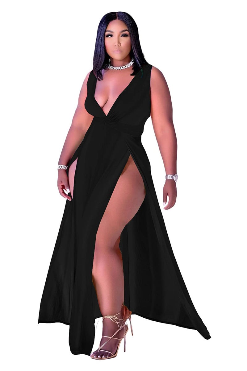 Ekaliy Women's Sexy Sleeveless Spaghetti Strap Backless Split Cocktail Long Dress XL Black - Image 2