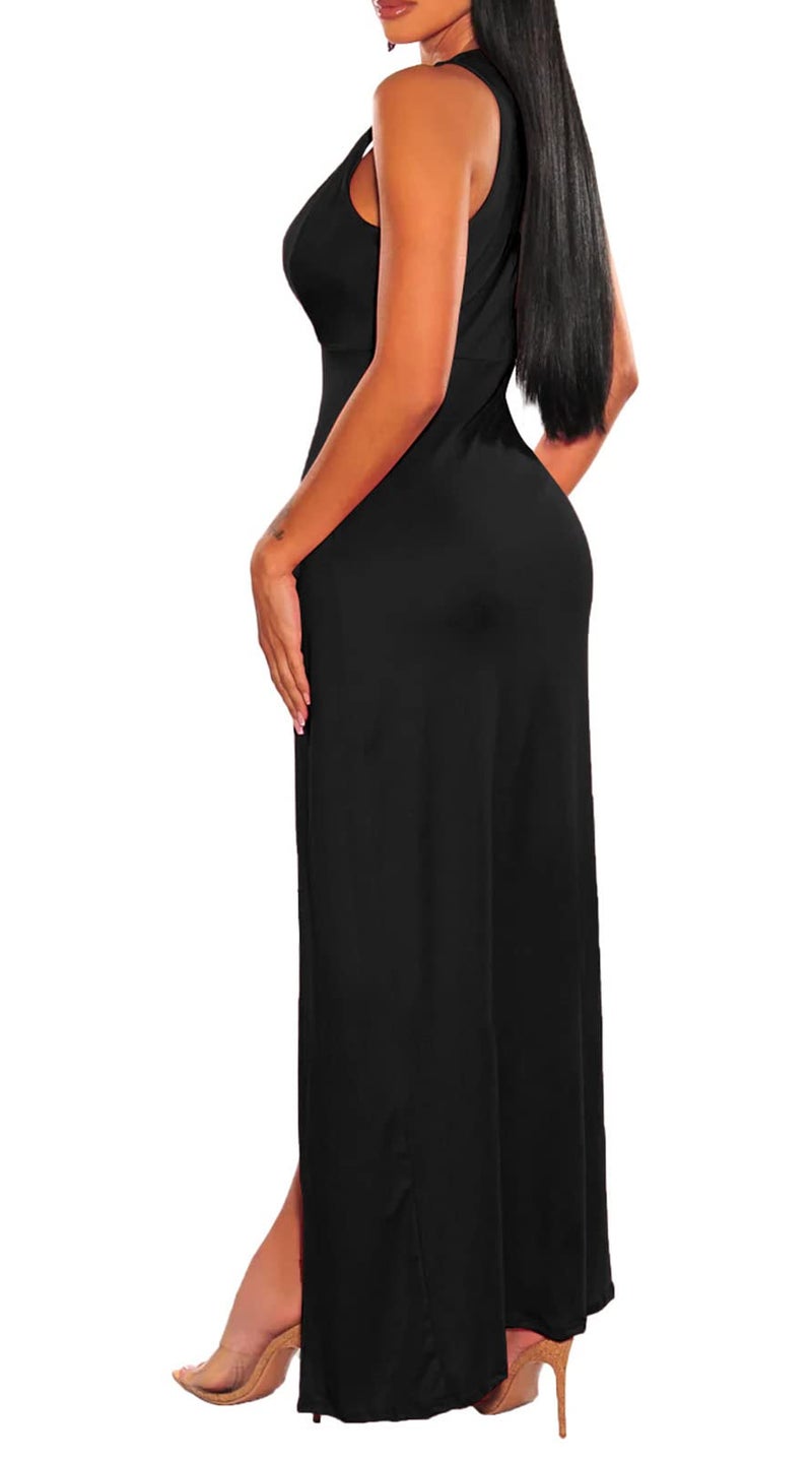 Ekaliy Women's Sexy Sleeveless Spaghetti Strap Backless Split Cocktail Long Dress XL Black - Image 4