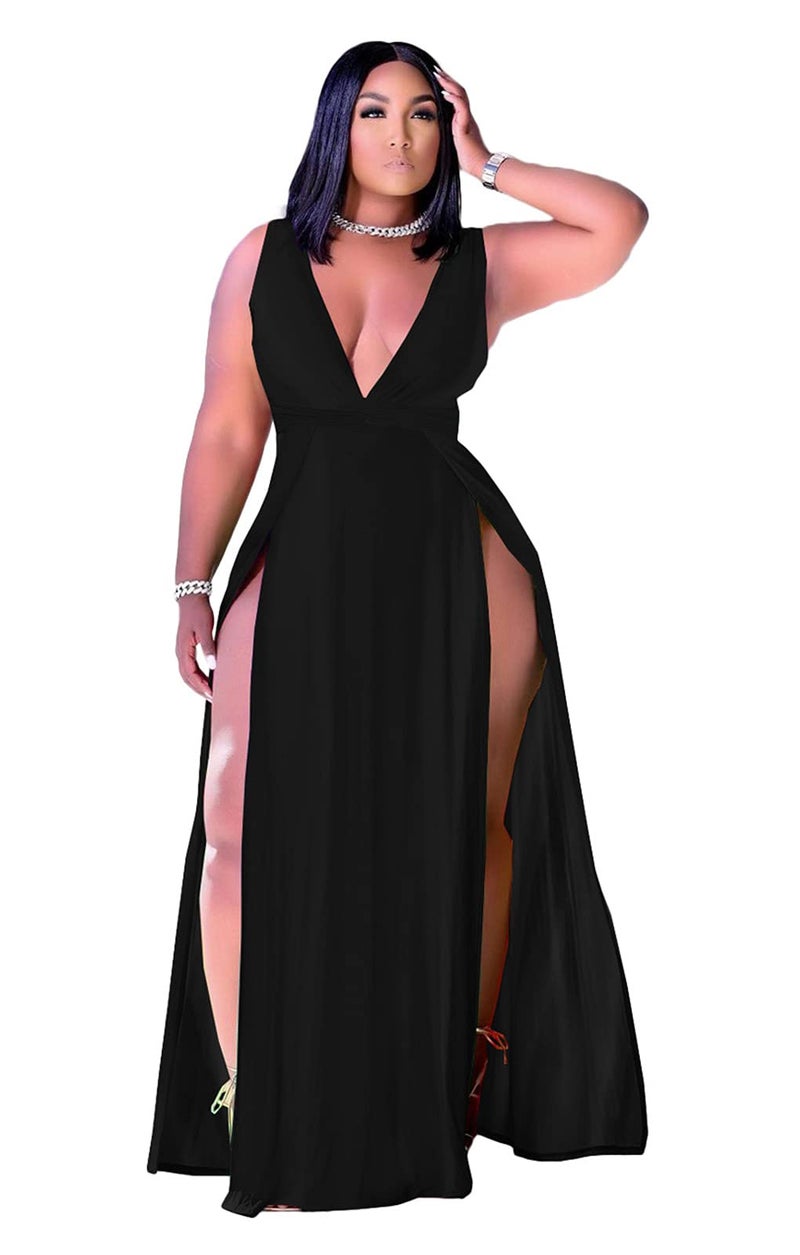 Ekaliy Women's Sexy Sleeveless Spaghetti Strap Backless Split Cocktail Long Dress XL Black - Image 1