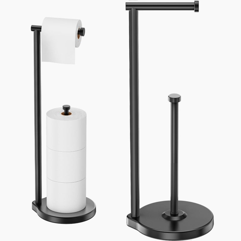 theaoo Heavy-Duty Toilet Paper Holder Stand â€“ Modern Freestanding Bathroom Toilet Tissue Paper Roll Holder with Reserve & Storage, Stainless Steel (Black, Free Standing) - Image 1