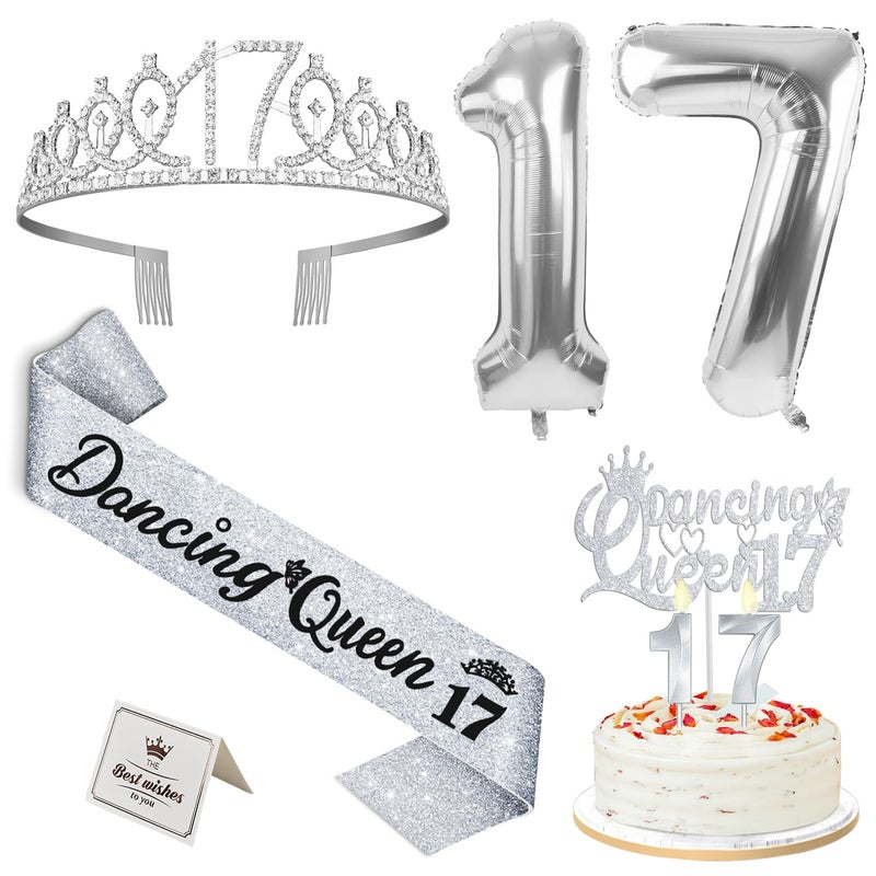 Dancing Queen Party Decorations 17 Silver with Dancing Queen 17 Sash and Tiara Cake Topper and Candles Silver Number Balloons 17 Year Old Girl Gift Ideas
